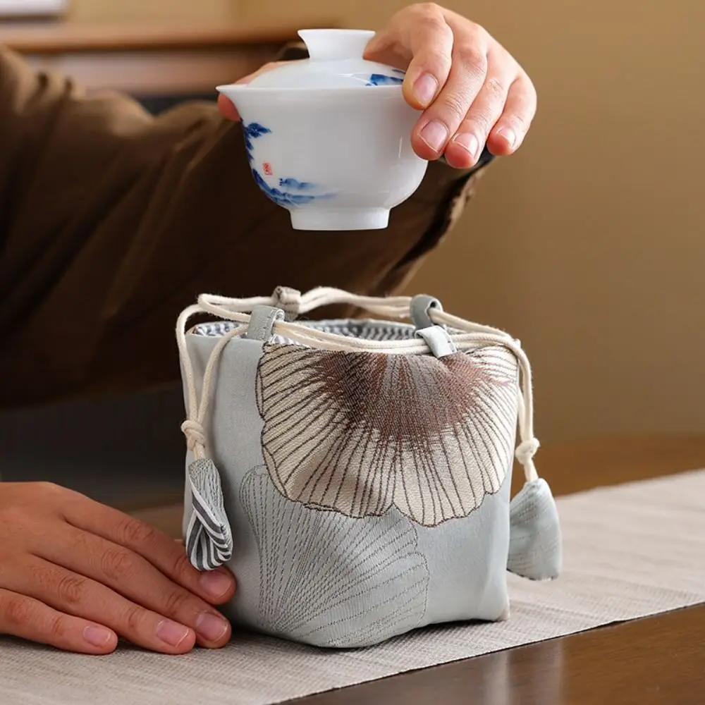 Chinese Style Teacup Drawstring Cloth Pouch Print Portable Teaware Storage Bag Multifunctional Breakage-proof 3