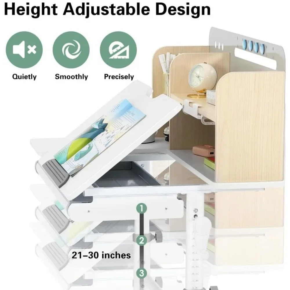 39in Wide Adjustable Height Kids Desk with Tilting Desktop, Steel Frame, Drawer, and Bookshelf Hutch, Study Child Table 3