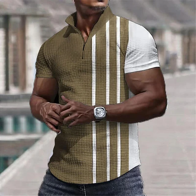 Polo Mens Mens Spring Summer Short Sleeve Zipper Lapel Plaid Print Casual  Mens Casual Shirts