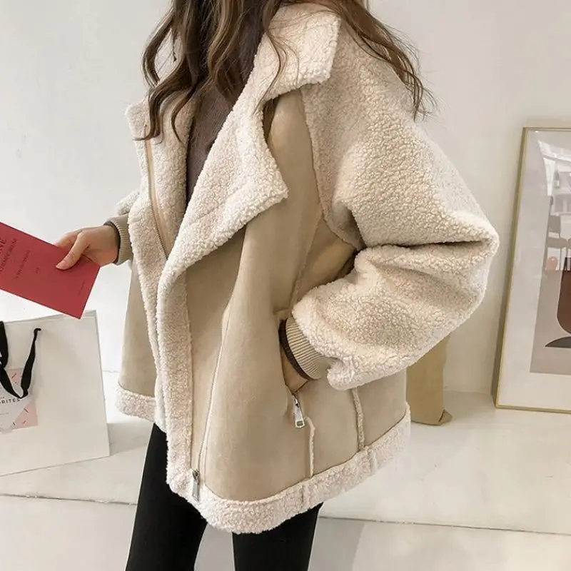 

Lamb Soild Color Jacket for Women in Autumn and Winter Y2K 2023 New Grain Lamb Coats V Necks Sweatshirt Femal Loose Outerwear