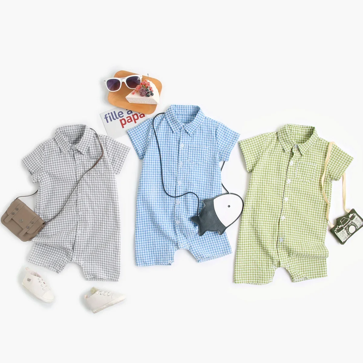 

Summer Short Sleeve Baby Boys Rompers Plaid Toddler Boys Clothing Jumpsuits Fashion