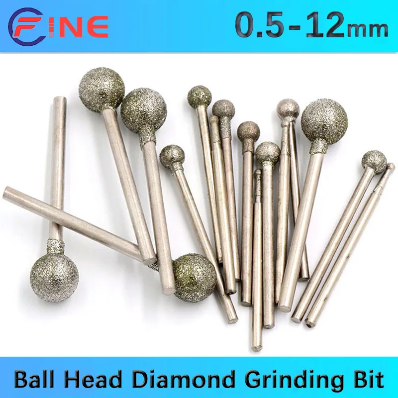 

0.5-12mm Spherical Head Diamond Grinding Bit Coated Mounted Points Round Ball Burs Coarse For Stone Drill Metal 2.35/3mm Shank