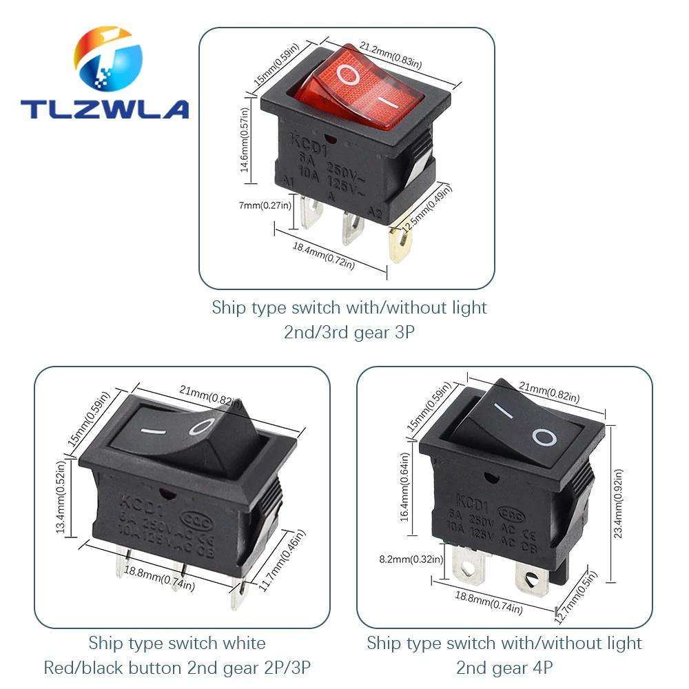 Switch 10PCS ON-OFF KCD1 15*21mm 2Pin Ship Type 6A 250V 10A 125V 15X21 Rocker Power