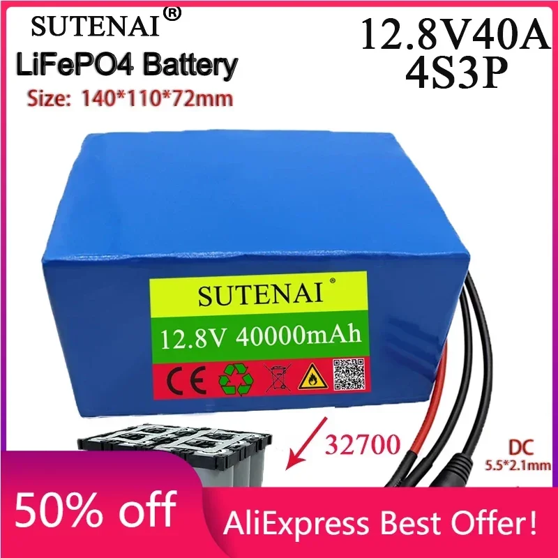 

12.8V 40Ah32700 4S3P Lifepo4 rechargeable battery pack with 4S40A balance BMS for 12V power electric boat DIY solar battery