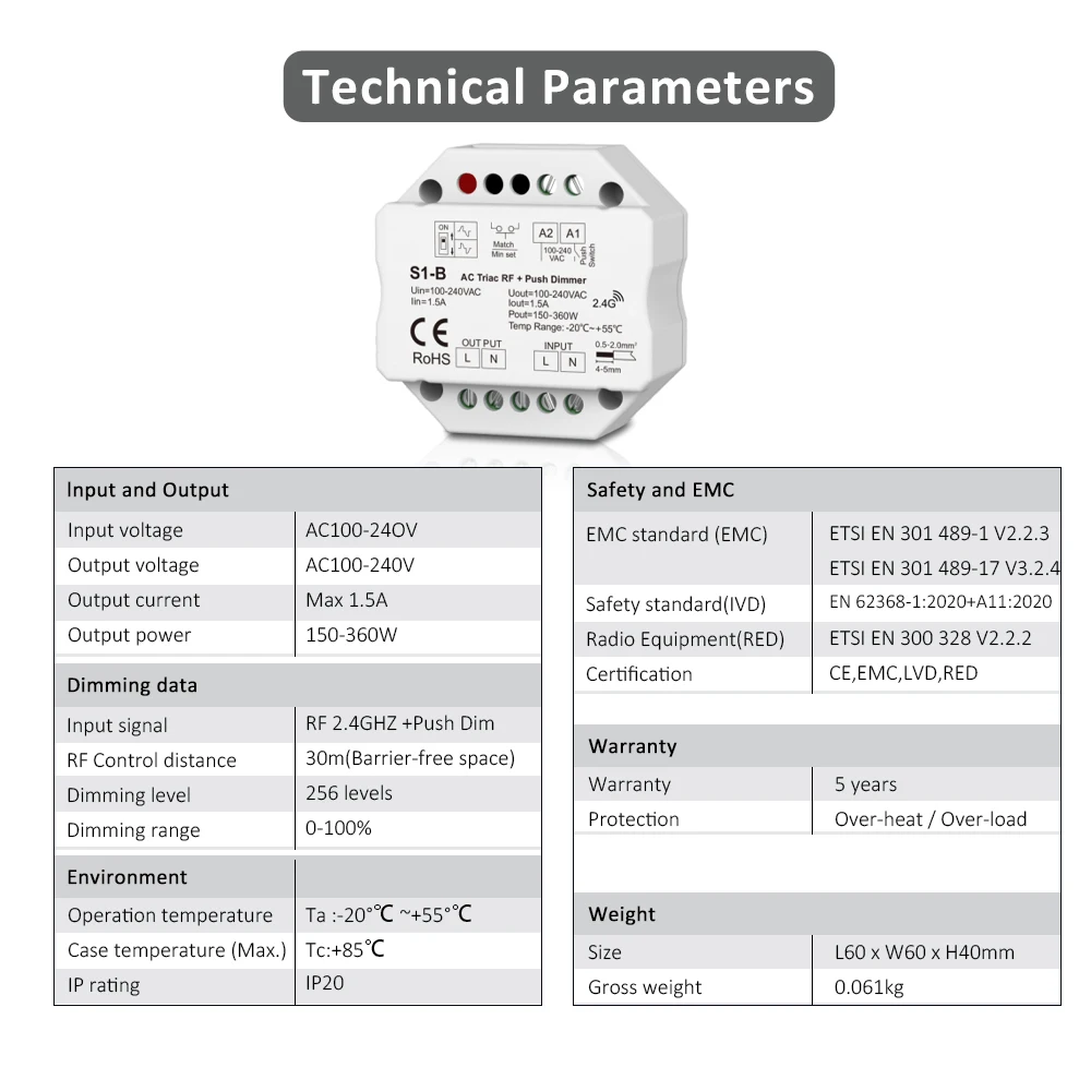 110V 220V 230V AC LED Triac Dimmer for Single Color Strip Light Bulb Lamp 2.4G Wireless RF Remote Control S1-B Dimer MJJC led dimmer switch,smart dimmer switch,led dimmer controller,lamp dimmer