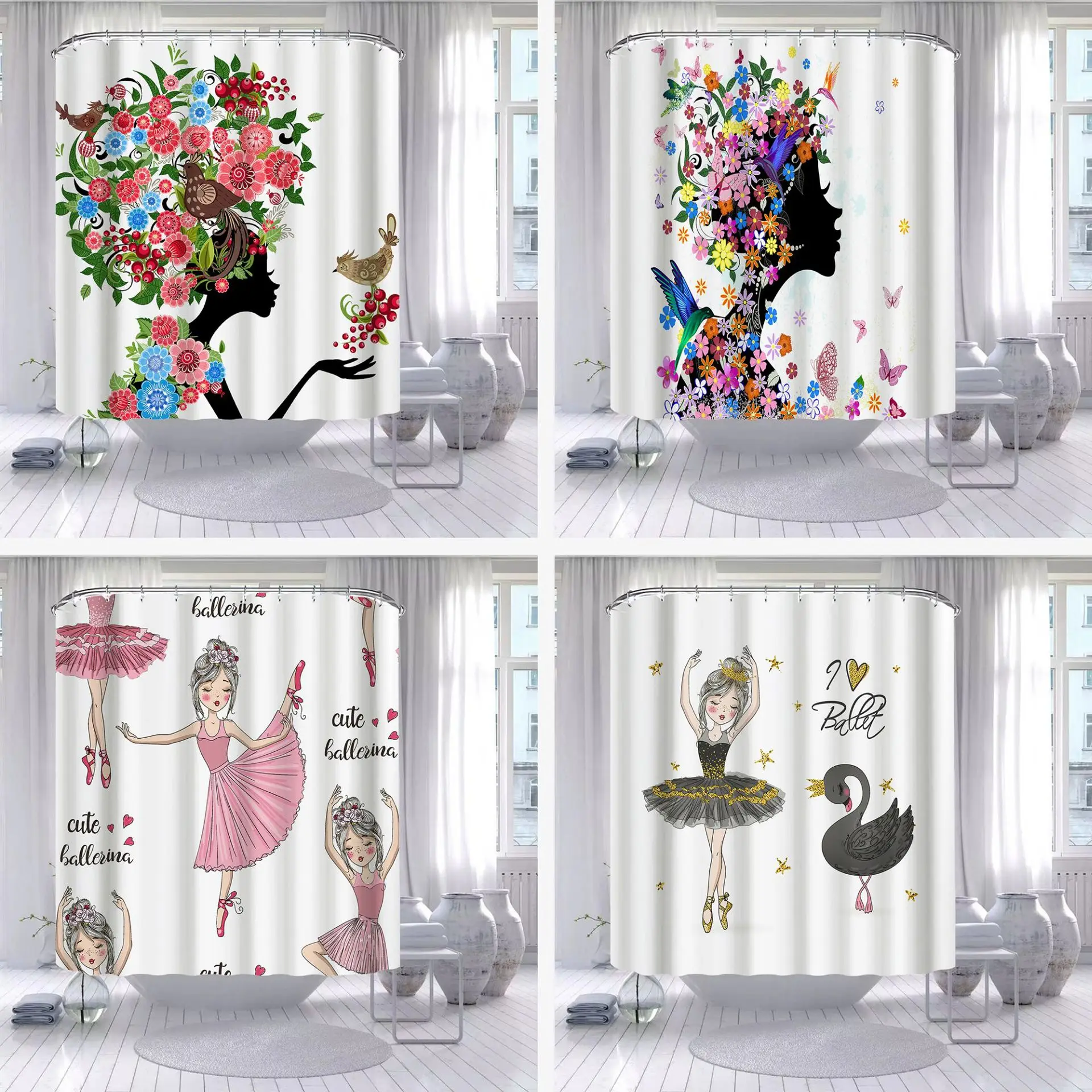 CartoonGirlShowerCurtainWaterproofPolyesterBathroomBathtub