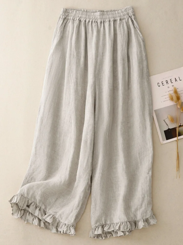 Japanese Sle Artistic Cotton Linen Wide Leg Pants Women Summer Elastic Waist Slimming Casual Straight Nine Points Pants