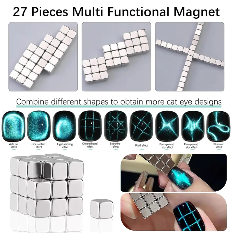 Magnetic Nail Art Tools 27pcs Cat Eye Magnet Nail Art Chessboard Starlight Multi-function Cube Nail UV Magnetic Attraction Magnets Set Manicure DIY Tool
