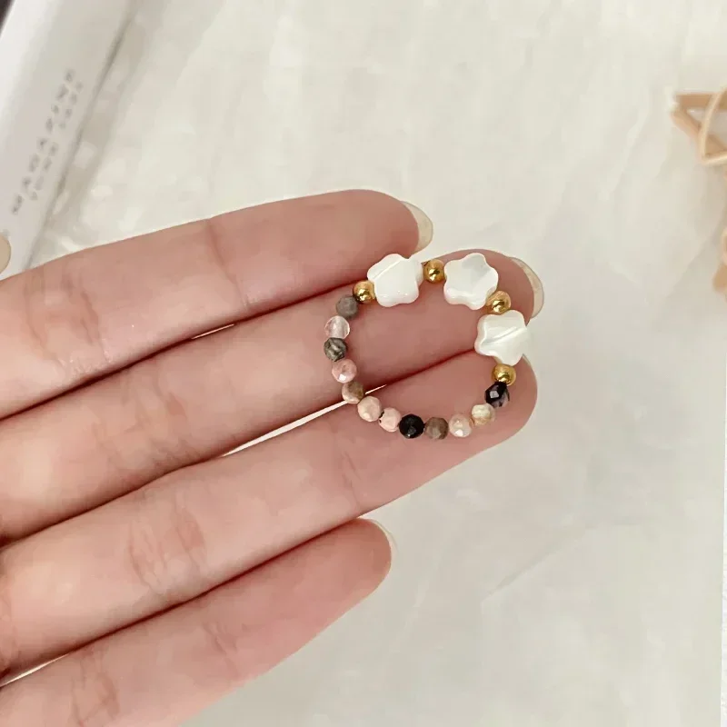 Finger Rings Classic Shell Heart Set Rhodochrosite Natural Stone Stainless Steel Beads For Women Birthday Wedding Girls