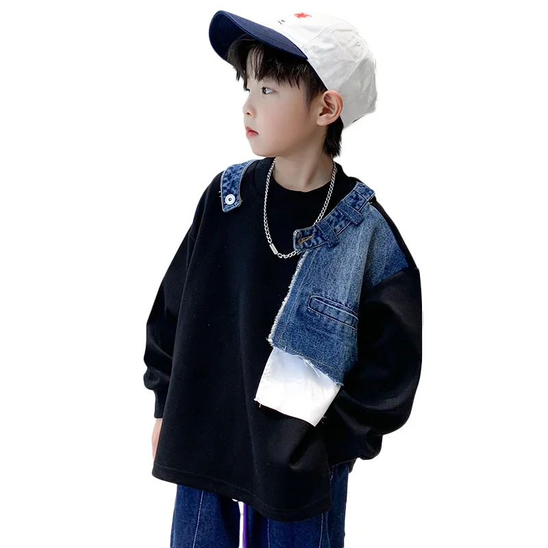 Boy Denim Sweatshirt Stitching Denim Outerwear For Kids Children Pullover 2024 Spring Autumn Teenager Windbreaker Korean Version