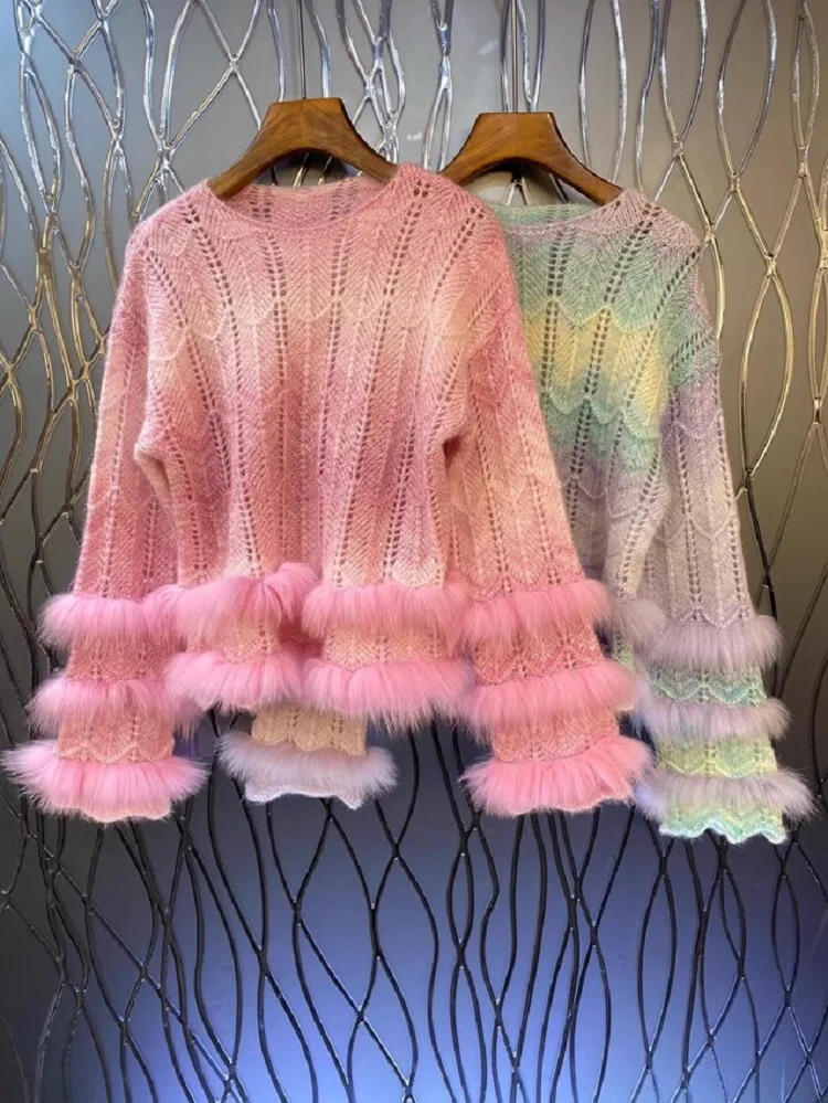 

High Quality New Sweaters 2023 Autumn Winter Tops Women Gradient Color Print Rabbit Hair Deco Long Sleeve Green Pink Jumpers