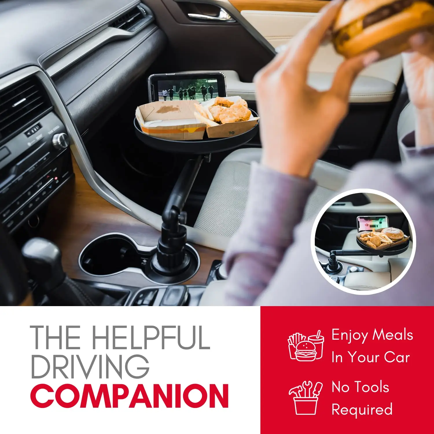 

Car Cup Holder Tray 360 Degree RotationCar Phone Slot Car Food Trays for Eating &Cup Holder Tray Table for Car Travel Accesories