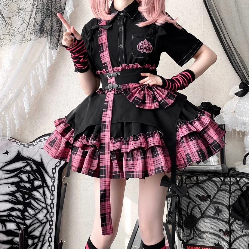 

Lolita Hot Girl High Waist Slim Skirt Autumn New Japanese Gothic Sweet Cute Bow Lace-up Patchwork Plaid Ball Gown Skirts