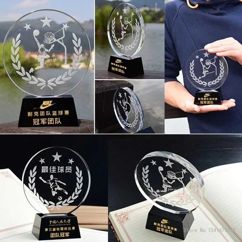 Customized Ball Tennis Badminton Sports Competition Crystal Trophy Creative Excellent Reward Home Decoration Crystal Trophy, 1Pc