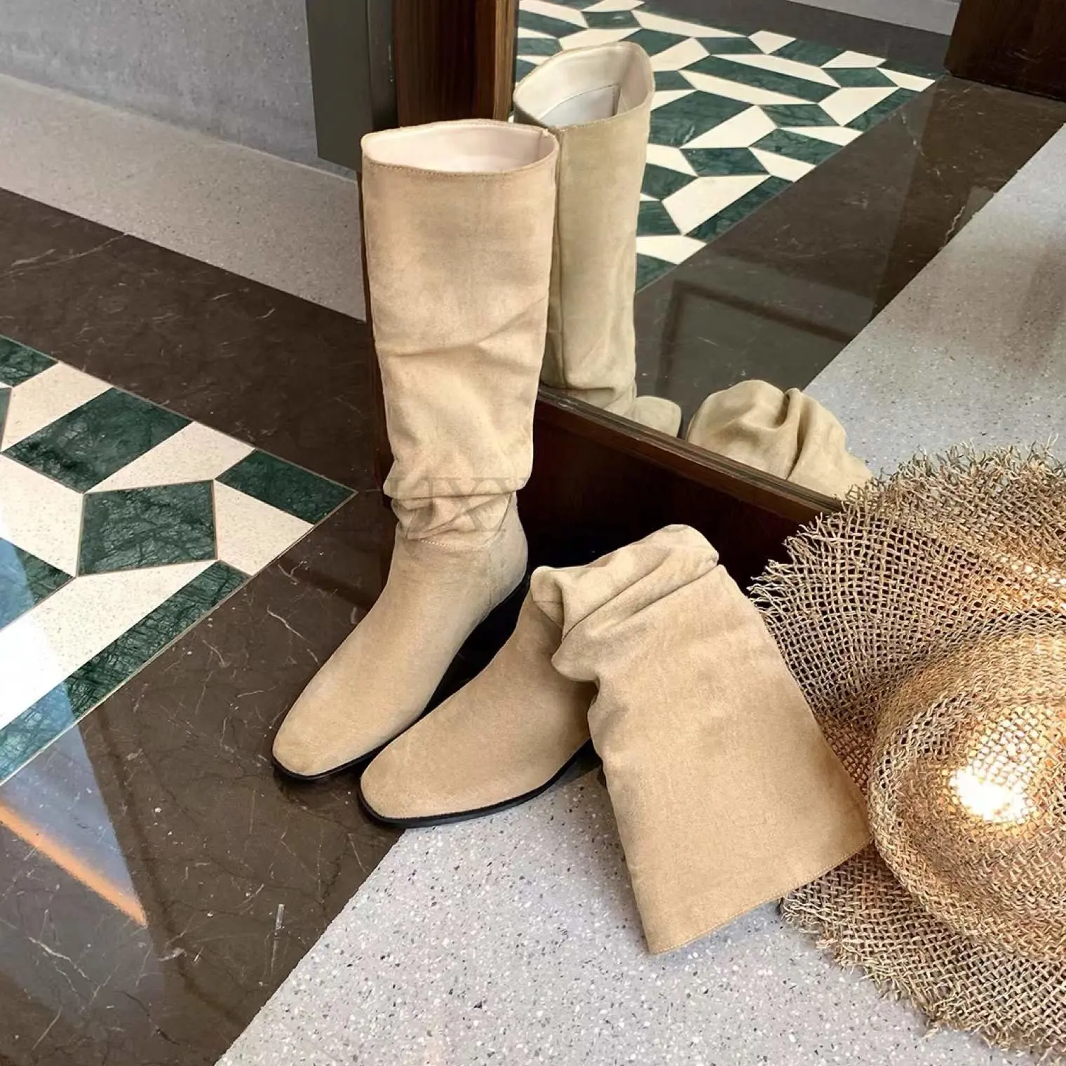 

Женские высокие ботинки без шнуровки, простые плиссированные эластичные замшевые ботильоны больших размеров 43 для весны и осени и зимы