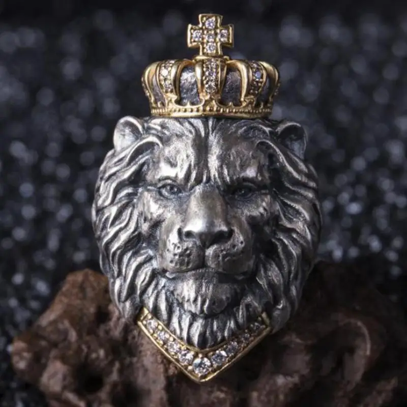 Iced Out Gold Lion Head Ring Viking Lion Animal White Stone Ring for Boys Gothic Cross Lion Ring for Men 