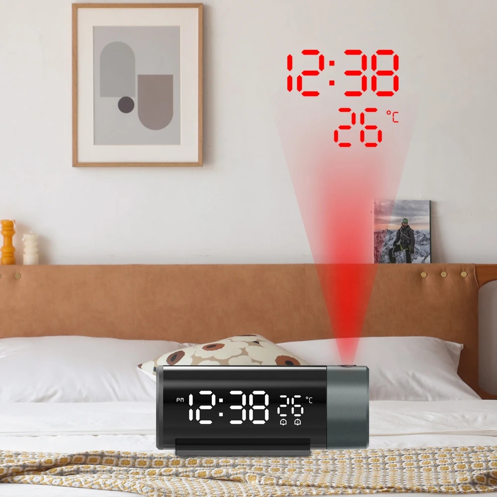 

Digital Projection Alarm Clock With Temperature 180°Rotation USB Electronic Table Bedroom Bedside Clocks 3D Wall Snooze Function