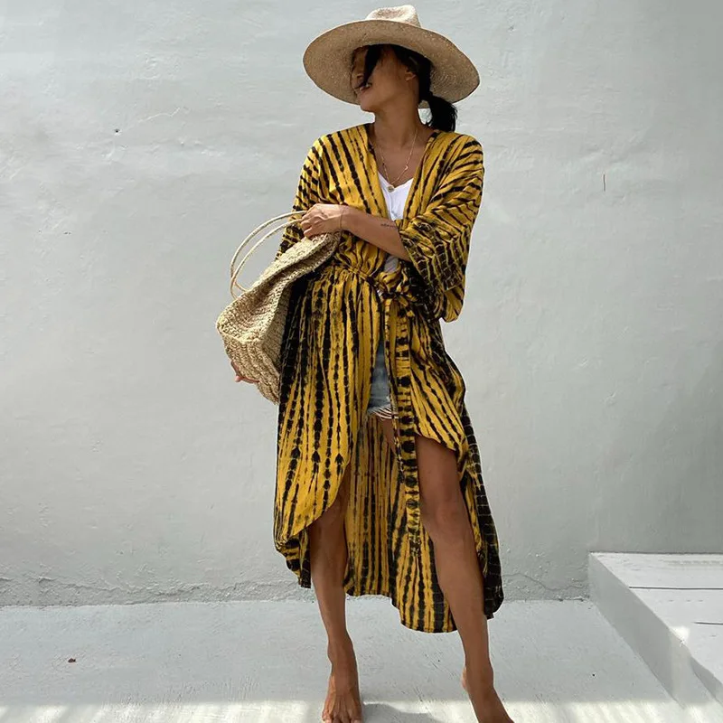 

Новая Солнцезащитная рубашка, женская верхняя одежда, кардиган с асимметричным принтом, длинное пляжное пальто бикини, женская Пляжная накидка, чехол для бикини