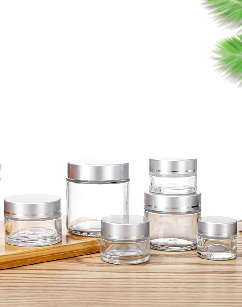 10pcs/lot Glass Cream Jar Bottle 5g 10g 20g 30g 100g Empty Container Cosmetic Jar With Silver Lid Nail Arts Small Clear Can Tin 4