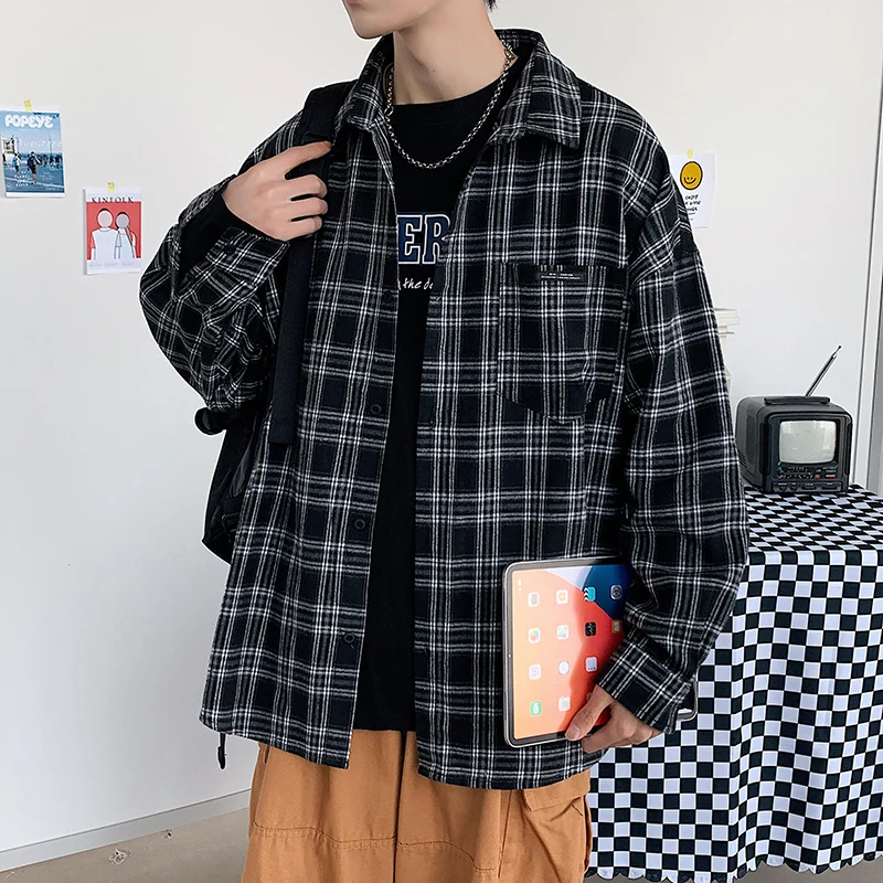 

Men Harajuku Color Block Plaid Shirt Nice Mens Streetwear Thick Shirts Long Sleeve Male Vintage Korean Fashions Clothes Size 5xl