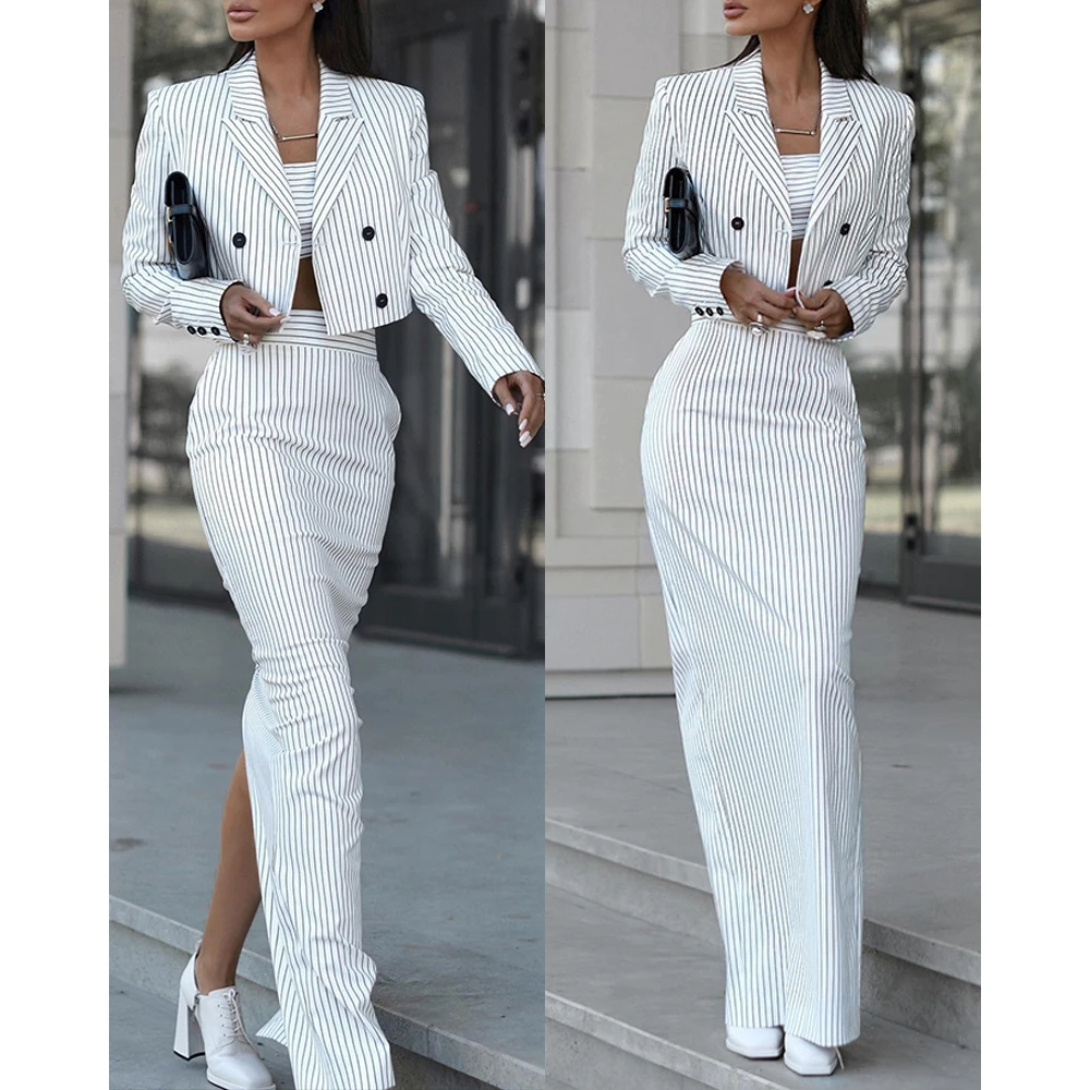 Autumn Women Striped Nothched Collar Double Breasted Blazer Coat & High Waist Maxi Slit Skirt Sets Female Two Pieces Dress Set winter jacket women plus size loose rainbow striped harajuku wadded parka coat femme chaqueta mujer outwear women puffer jacket