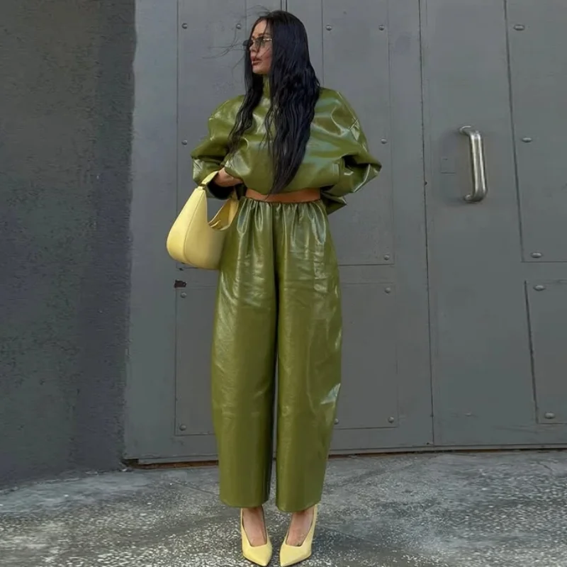 Street Zipper Leather Jackets Skirts Sets Women Loose Stand Collar Full Sleeve Coat Straight Skirt 2025 Autumn Winter Lady Suit Sed7814aa14924d8ab42c4f3910573a0fv