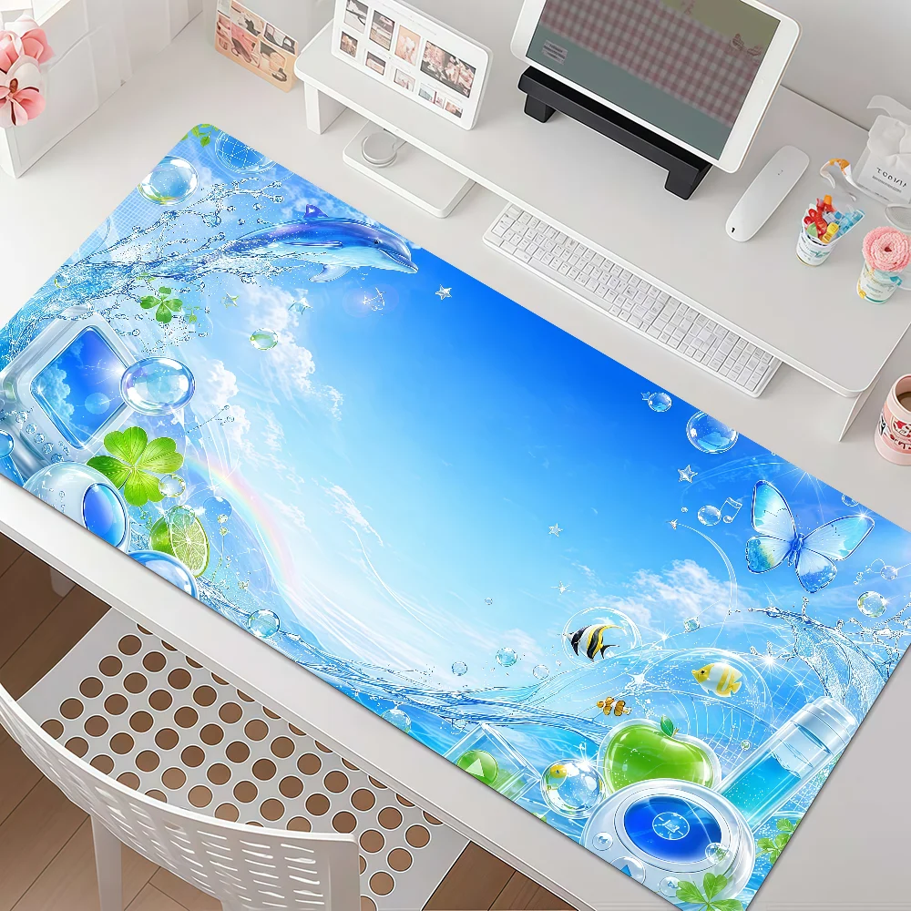 Blue Sea Dolphin Rainbow Print Gaming Mouse Pad - Large, Anti-Slip with Stitched Edges