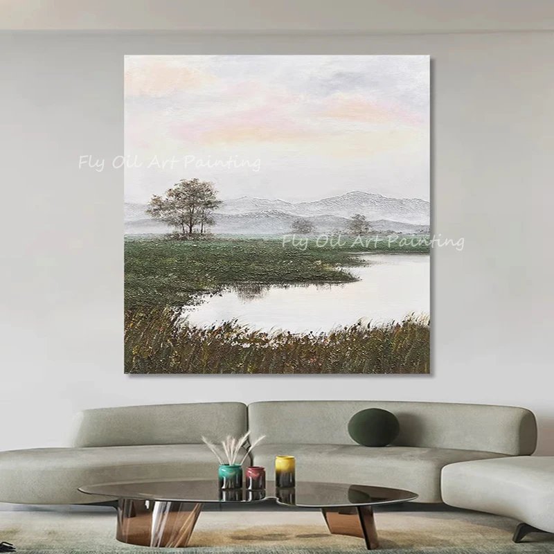 

Simple lake river with tree and forest landscape picture best hand painted Oil painting on Canvas Art Classic Cuadros Decoration