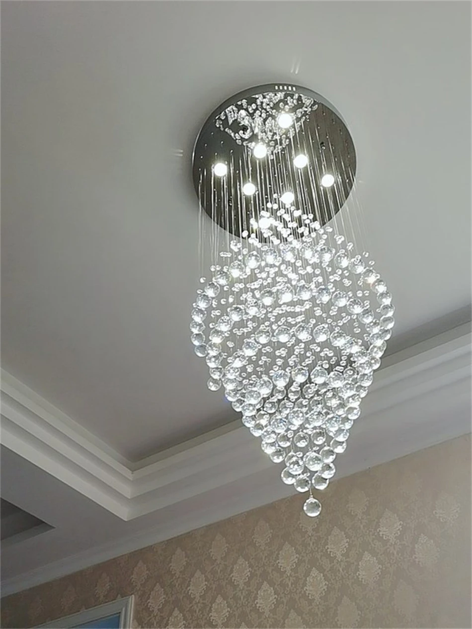 Modern LED Crystal Chandelier Lamp Stair Lights Droplight Double Entry Long Circular Crystal Lighting Lobby Chandelier
