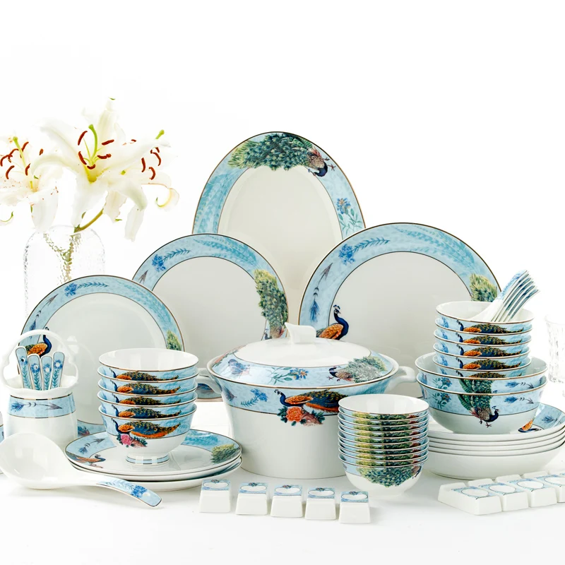 

Tangshan bone china tableware 58 pc sets of dishes, domestic Chinese combination dishes creative ceramic tableware