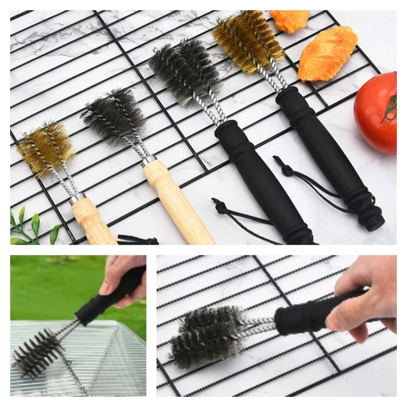 

Barbecue Brush Double Headed Outdoor Multifunctional Wooden Handle Brush Steel Wire Barbecue Stove Special Cleaning Brush