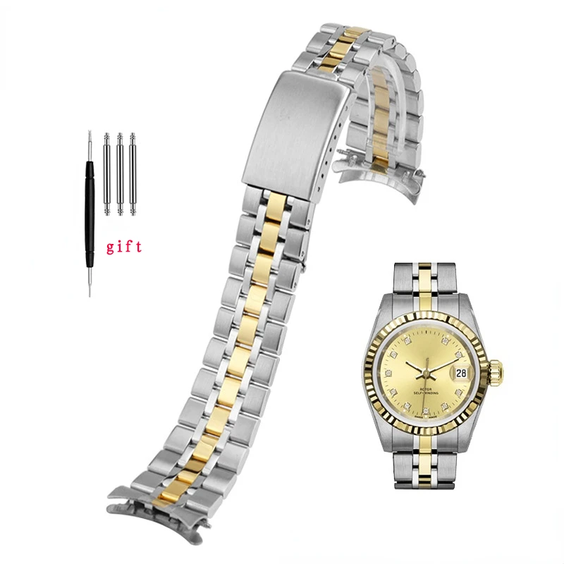 Curved End Metal Watchband with Folding Buckle - Solid Stainless Steel Strap Bracelet