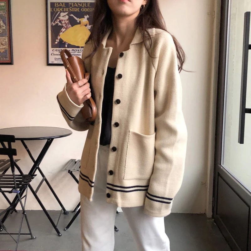 

Зимний женский свитер с длинным рукавом с лацканами Женская одежда в Корейском стиле Свободные Теплые Женские однотонные шикарные кардига...