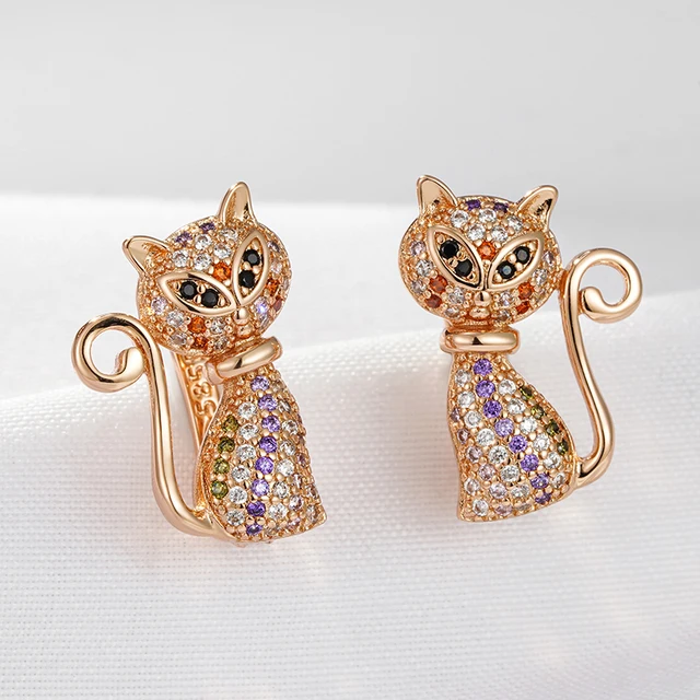Wbmqda New Fashion 585 Rose Gold Color Cute Cat Shape Earrings For Women Colorful Zircon Setting Unusual Animal Ear Drop Jewelry