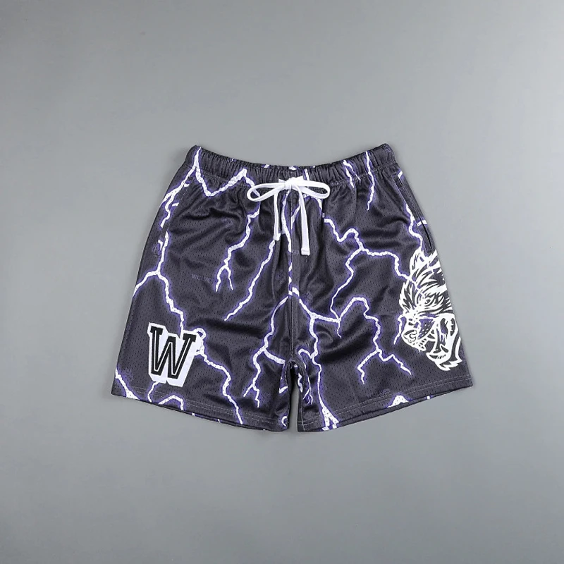 New men's shorts Fashion street wear casual quarter pants Quick dry mesh sports pants Lightning Wolf head logo design shorts