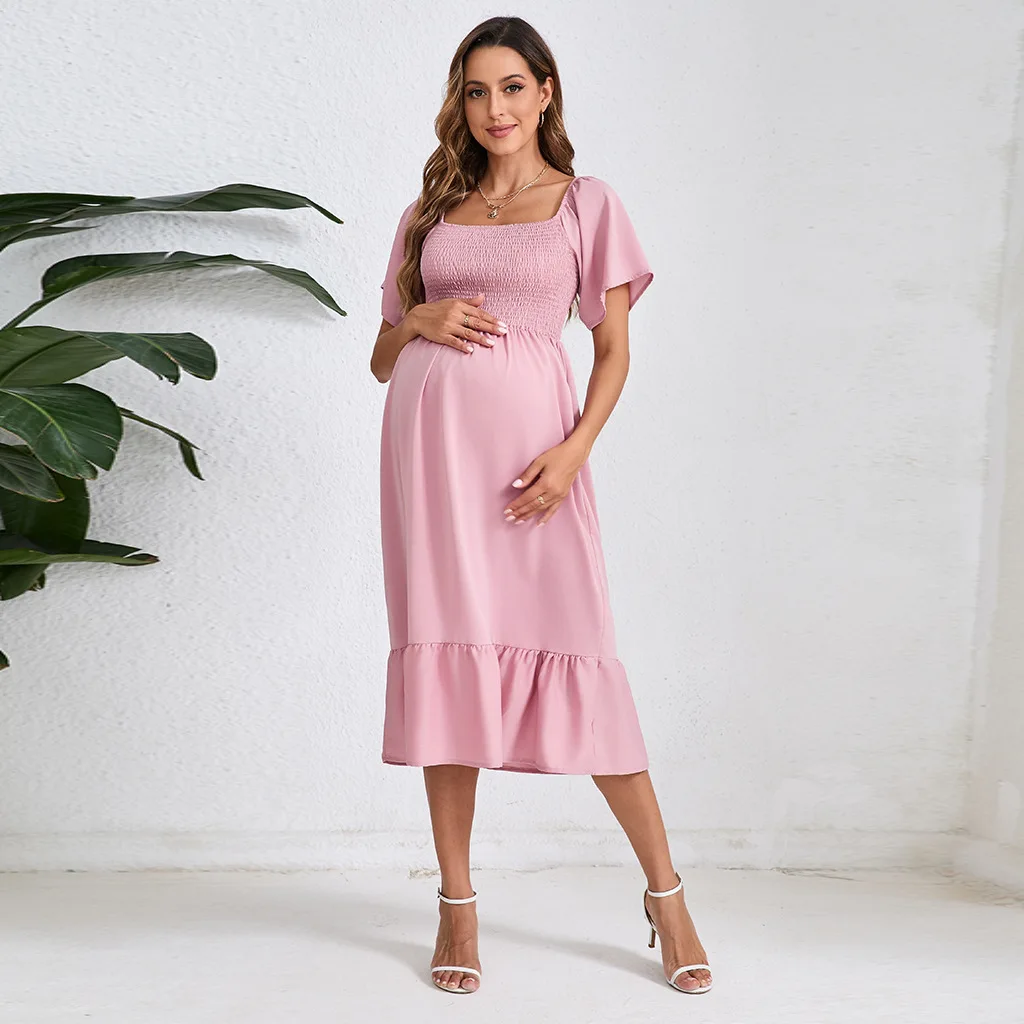 

2024 Summer European and American Women's Wear Solid Color Chiffon Embracing Pregnant Women's Dress Short Sleeve Chiffon Skirt