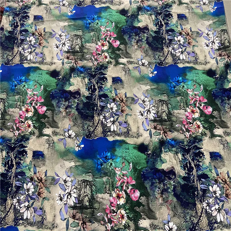 

Silk Crepe De Chine Fabric Wide Mulberry 16 M Digital Printing Landscape Flower