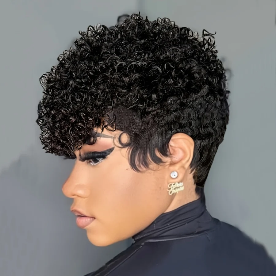 99J 버건디 픽시컷 가발 (앞머리 포함) 인모 숏 컬리 레이어드 스타일 기계식 가발, 데일리 착용 및 코스프레에 적합