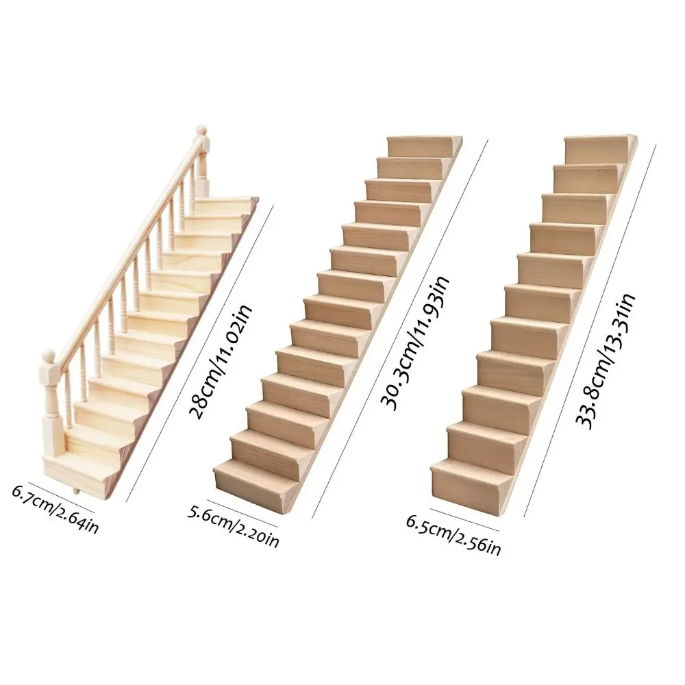 Miniature Dollhouse Wooden Stairway with Handrail – DIY Pretend Play Furniture