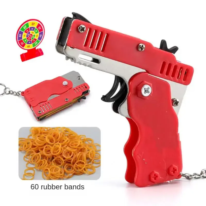 Rubber Band Gun 1Pcs Kids Toy Cool Keychain Mini Metal Folding Shooting Pistol With 60 Elastic