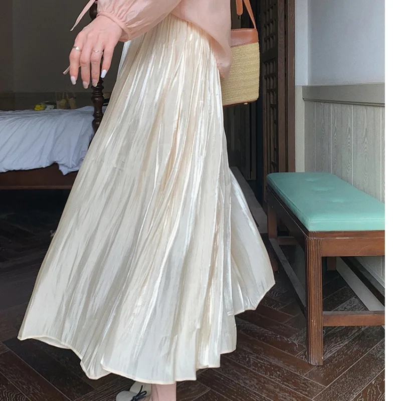 Women's Summer 2024 Chic New High Waist A-Line Mid Length Combination Fashion Solid Color Folds Slim Leisure Flowing Light Skirt