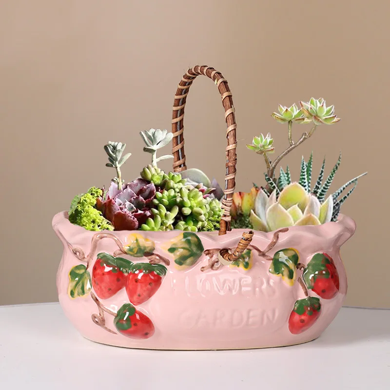 CeramicFlowerPotCuteStrawberrySucculentPlantPotsVaseGreen