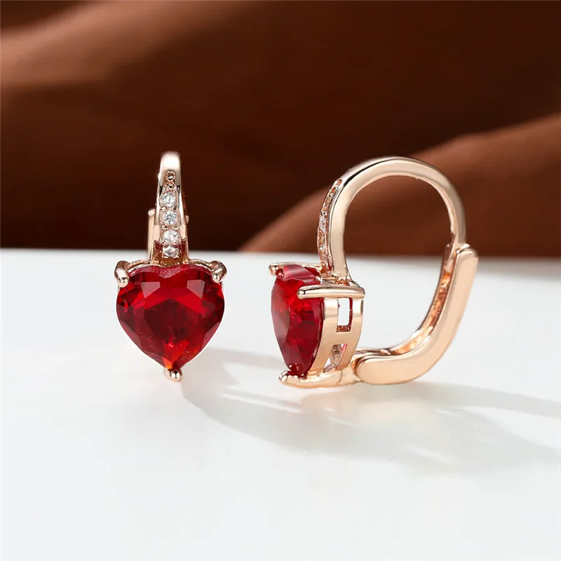 Crystal Female Green Purple Zircon Stone Clip Earrings Vintage Gold Color Love Heart Wedding Jewelry For Women