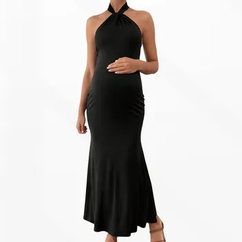 Maternity Clothing Fashion Skirts Backless Halter-Neck Maxi Dress Solid Color Casual Dresses Summer Pregnant Woman