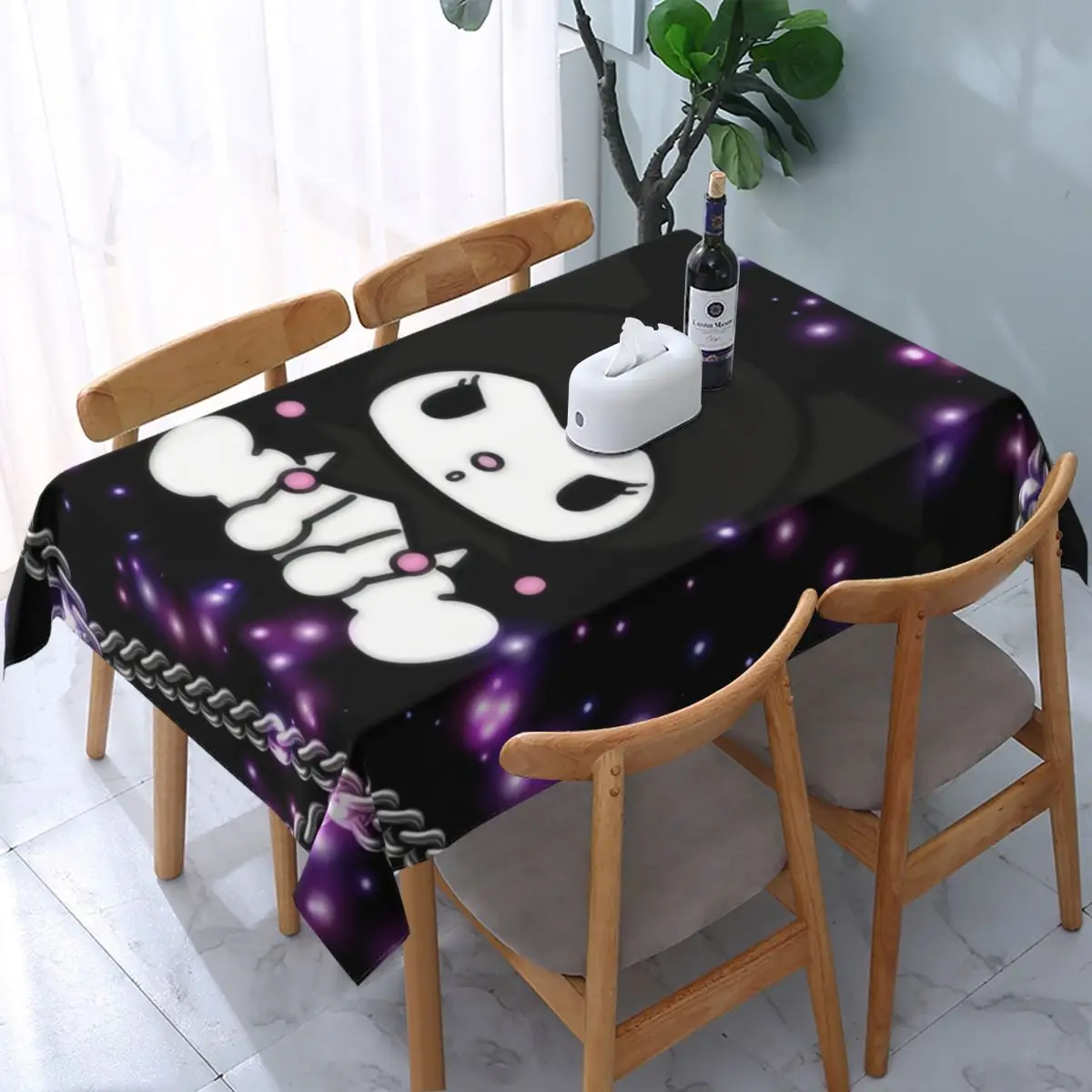 thumbnail image 1 of Mantel rectangular personalizado de Anime Kuromi Sanrio que se adapta a mesas con borde elástico de 40 a 44 pulgadas, 1 of 5
