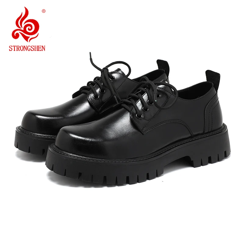 STRONGSHEN Men's Low Top British Leather Shoes Big Head Warm Fur Thick Bottom Non Slip Work Shoes Elevator Casual Oxford mens shoes