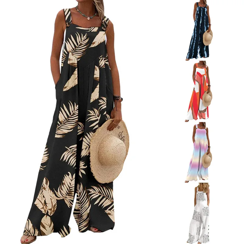 2023 Summer New Women's Jumpsuit Printing Fashion Sleeveless Loose Casual Sling Jumpsuit Wide Leg Pants Female