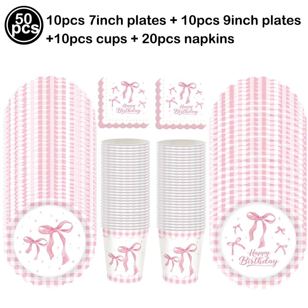 Pink Bow Party Supplies: Elegant Disposable Tableware Set