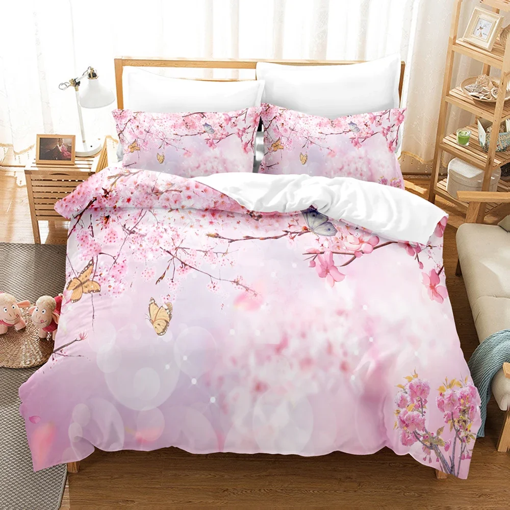 

Cherry Blossoms Duvet Cover Set Spring Flowers Bedding Set Twin Queen Microfiber Butterfly Comforter Cover For Girl Teen Decor