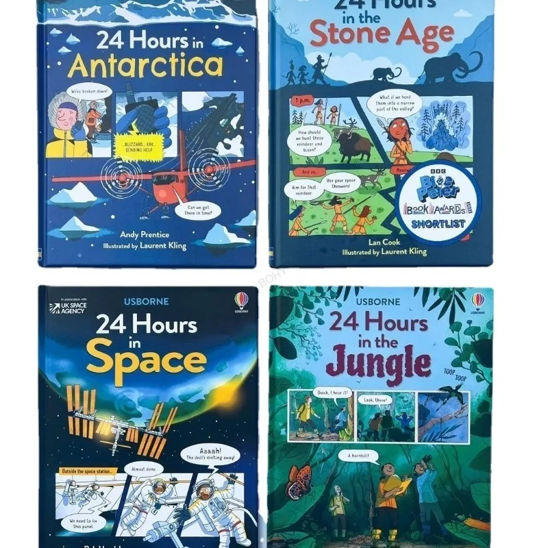 4 Libri Usborne 24 Ore Nell'Età Della Pietra Spazio Giungla Antartico Bambini Prima Educazione Lettura Inglese Libro Illustrato Copertina Rigida